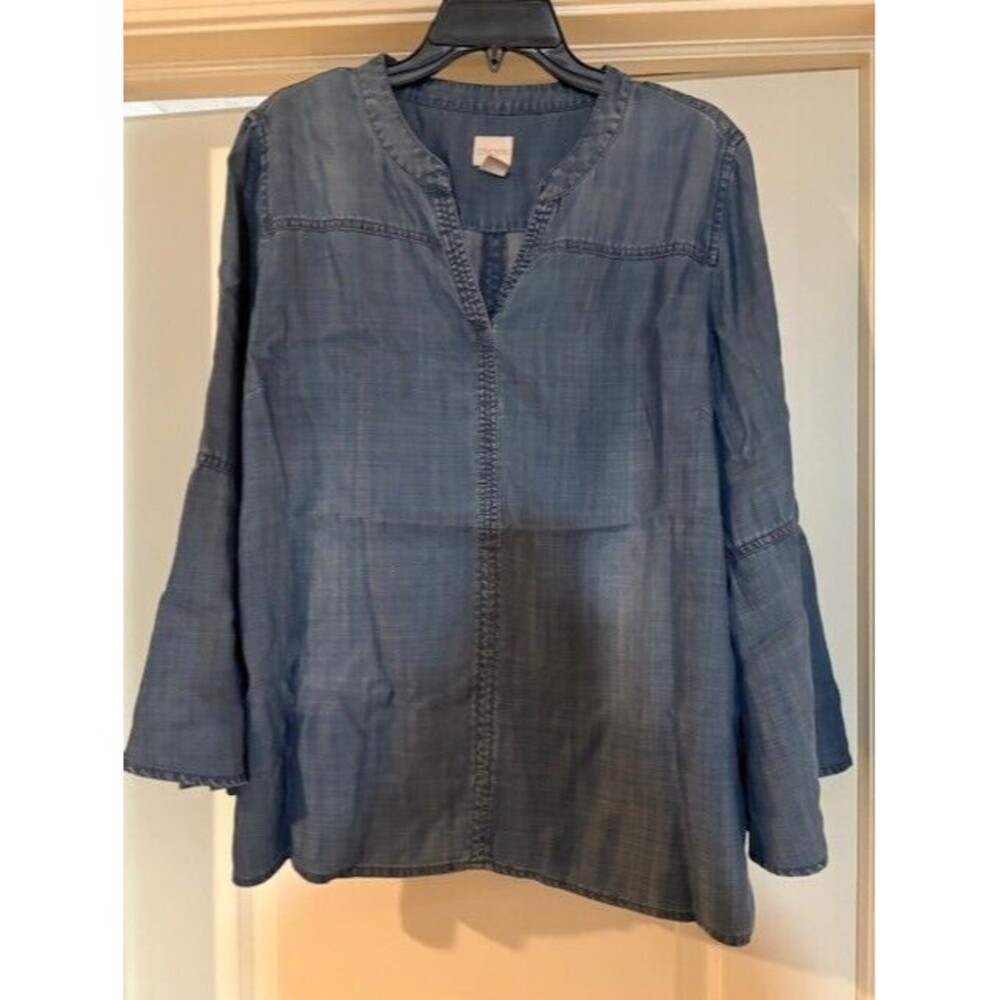 Chico's‎ 2 Chambray Shirt Women's Large 12 Popover Chambray Henley Bell Sleeve